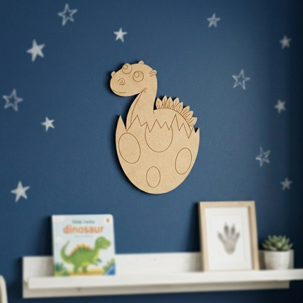 MDF DIY  dinosaur wall decoration on a blue wall with star stickers, a book, and a photo frame.