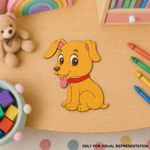 MDF DIY Cartoon dog cutout on a wooden surface with crayons and a teddy bear.