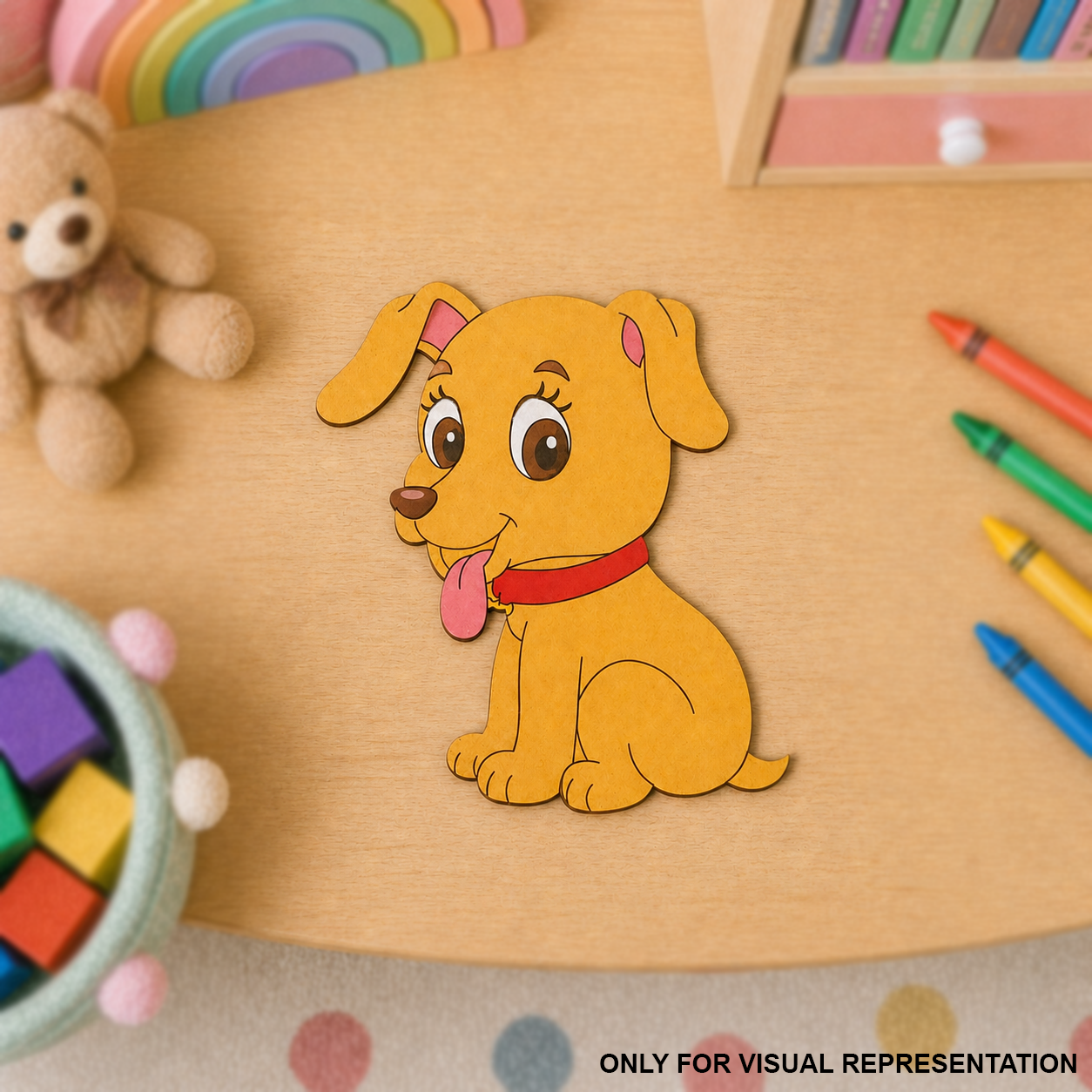 MDF DIY Cartoon dog cutout on a wooden surface with crayons and a teddy bear.