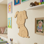 MDF DIY  dog-shaped wall decoration in a child's room with colorful frames and toys.