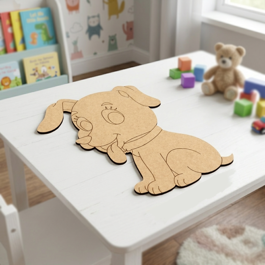 MDF DIY  dog cutout on a white table with toys and books in the background