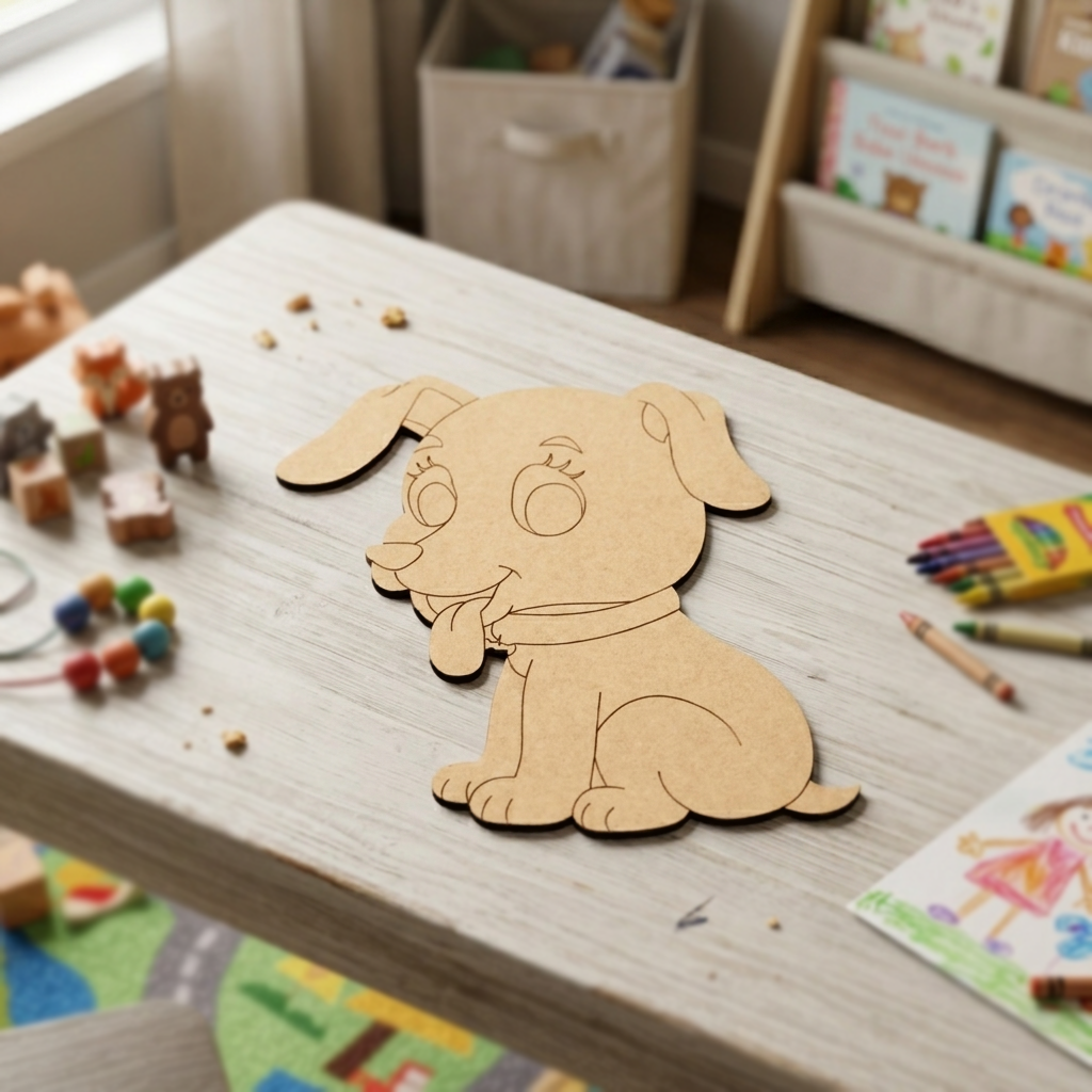 MDF DIY  dog cutout on a table with toys and books in the background