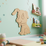 MDF DIY  dog-shaped puzzle on a wall in a child's room with toys and books.