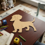 MDF DIY dog-shaped cutout on a table with crayons and toys in the background