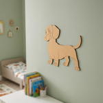 MDF DIY dachshund  wall decoration in a child's room with books and a bed.