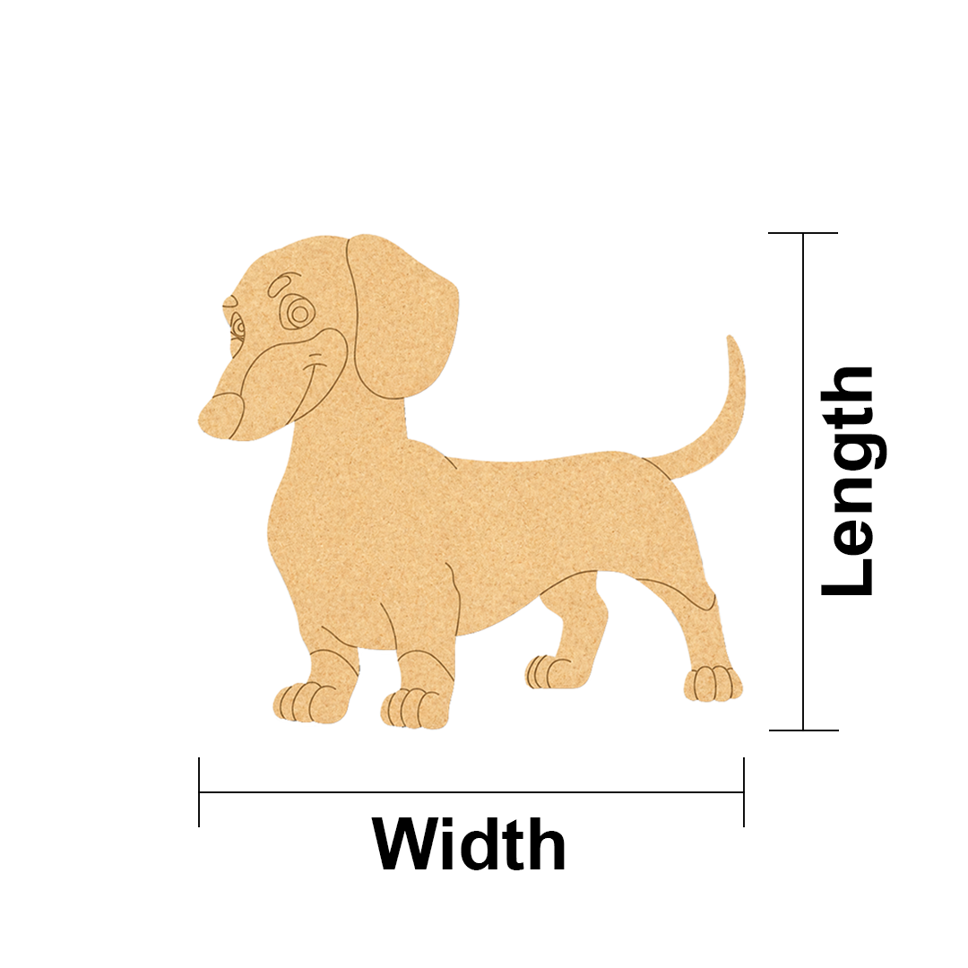 Measurement chart of a dachshund with labeled length and width on a white background
