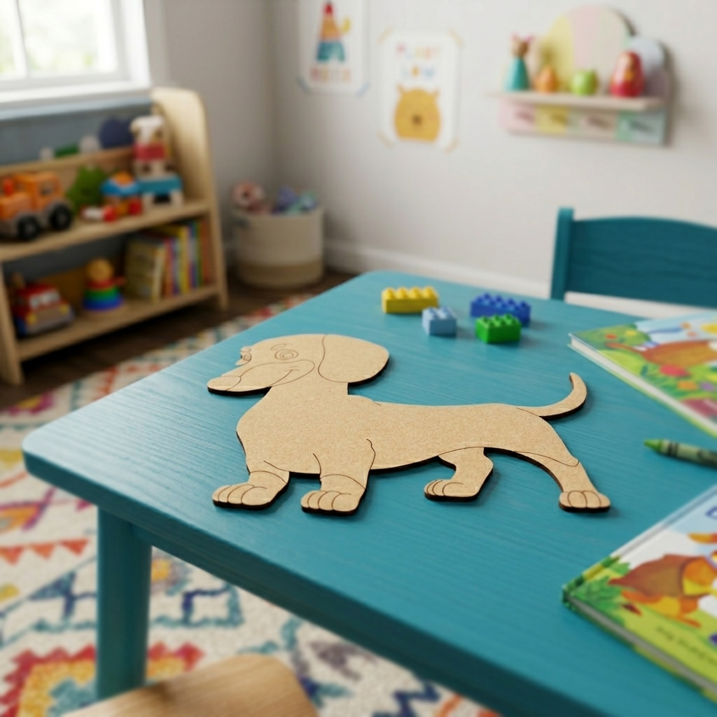 MDF DIY dachshund  cutout on a table with wall decoration in a child's room with books and a table.
