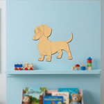 MDF DIY dachshund  wall decoration in a child's room with books and a toy.