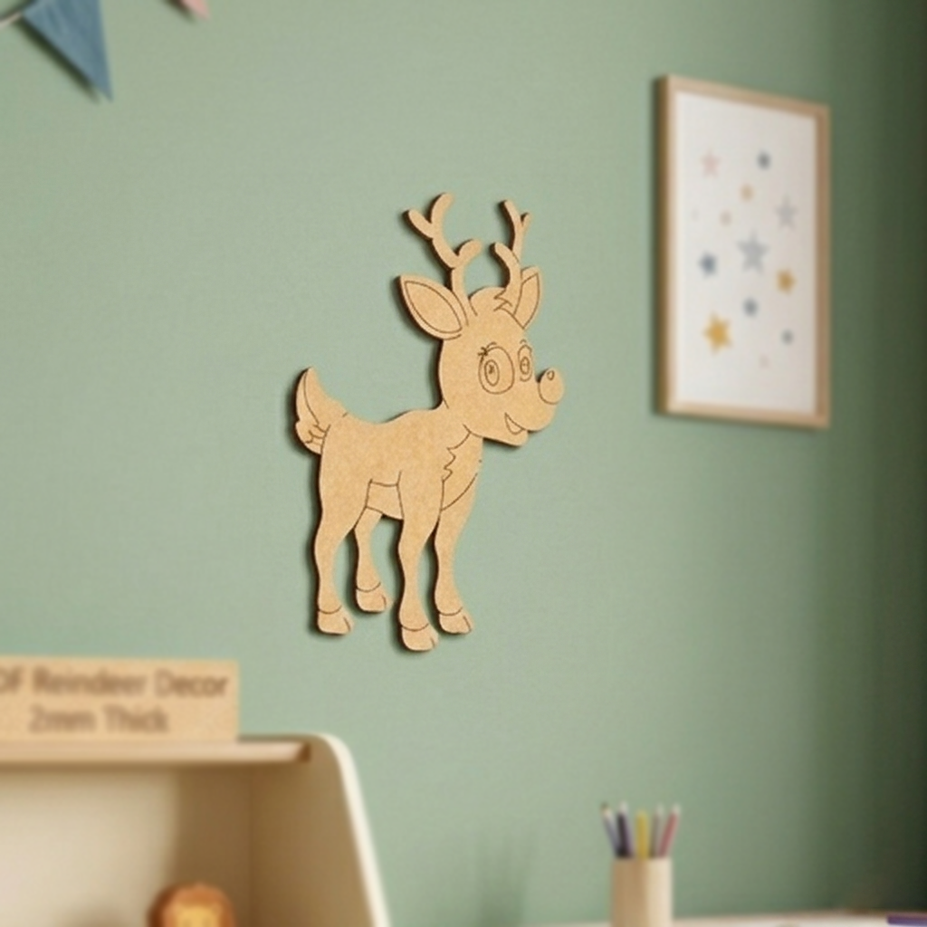 MDF DIY reindeer decoration on a green wall with a blurred background