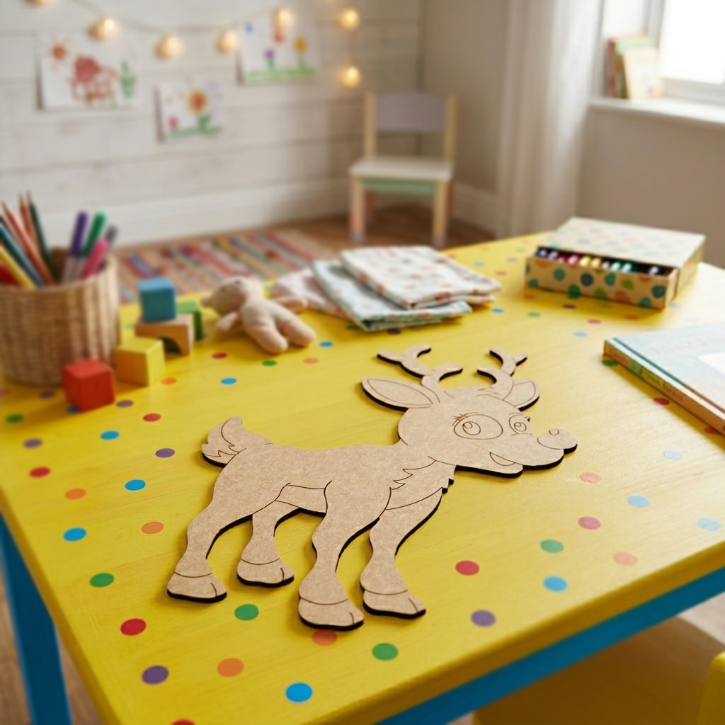 MDF DIY reindeer decoration on a polka dot table with a child's play area in the background.