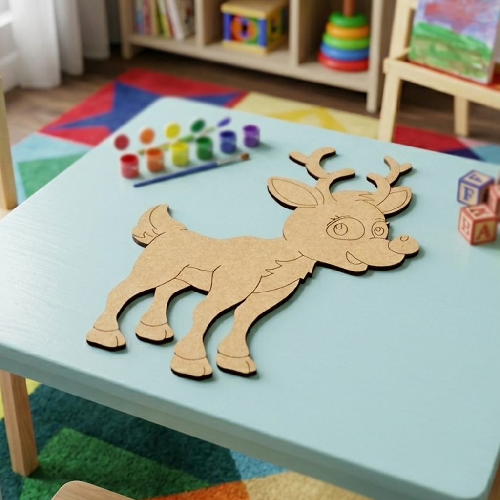 MDF DIY reindeer puzzle on a child's table with colorful toys in the background
