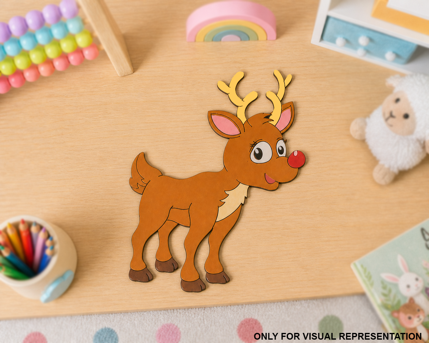 MDF DIY Cartoon reindeer on a wooden surface with educational toys around