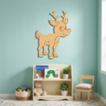MDF DIY reindeer wall decoration on a light blue wall with a shelf and chair in the foreground.