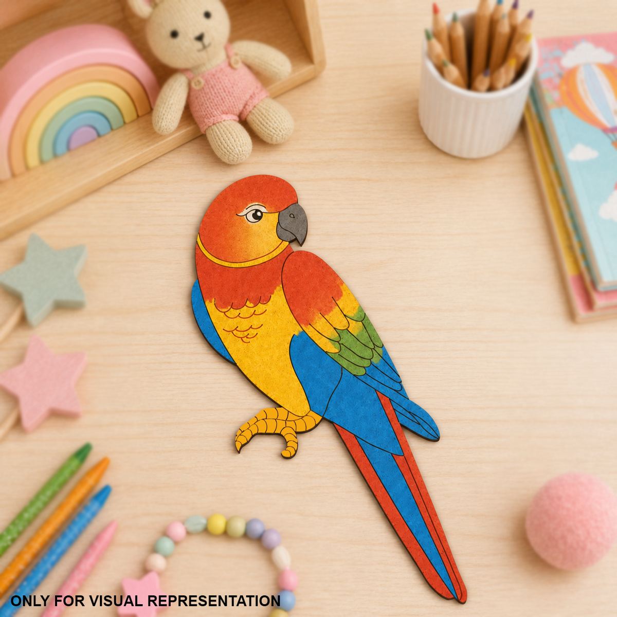 MDF DIY Colorful parrot-shaped wooden toy on a wooden surface with stationery items.