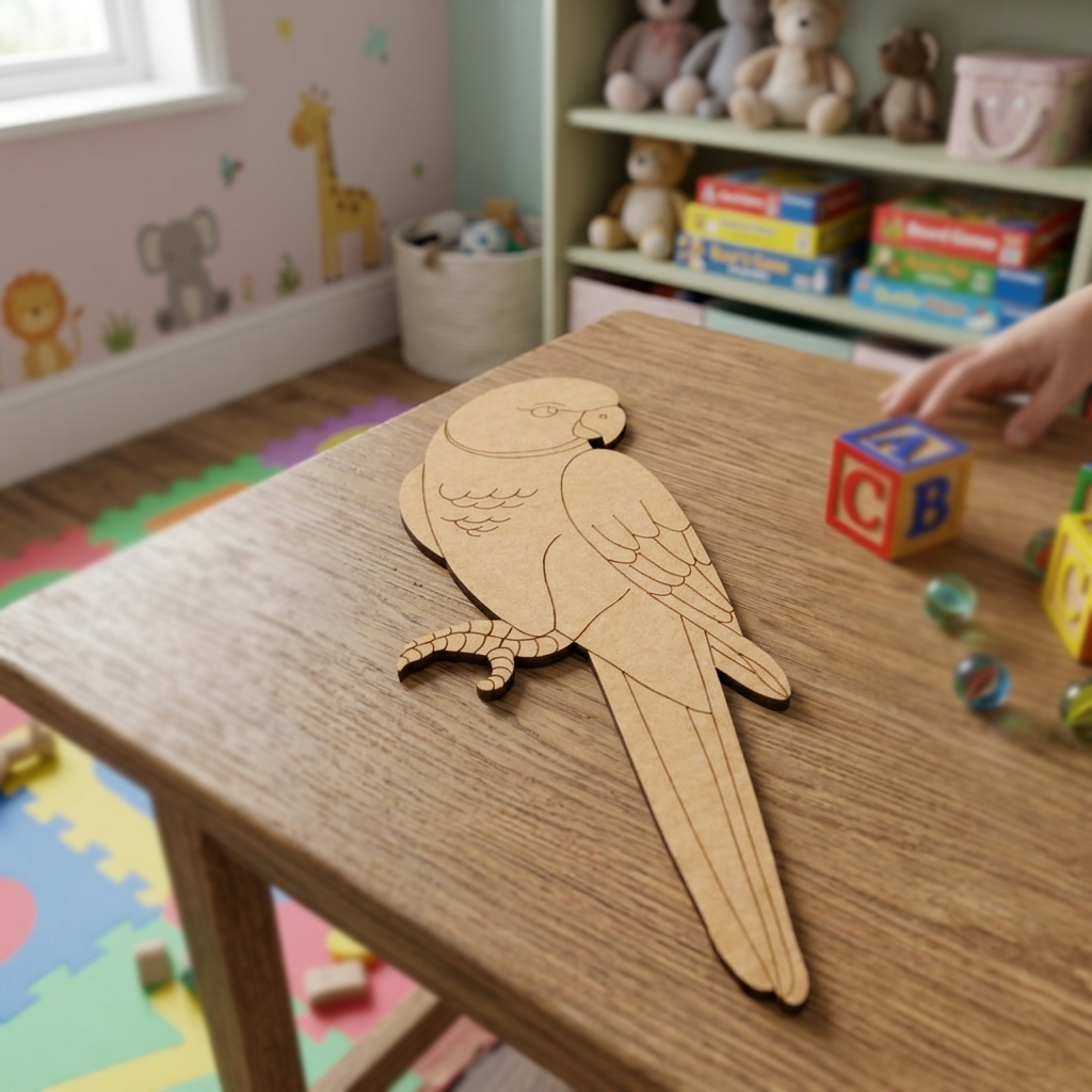 MDF DIY parrot cutout on a table with colorful blocks and toys in the background