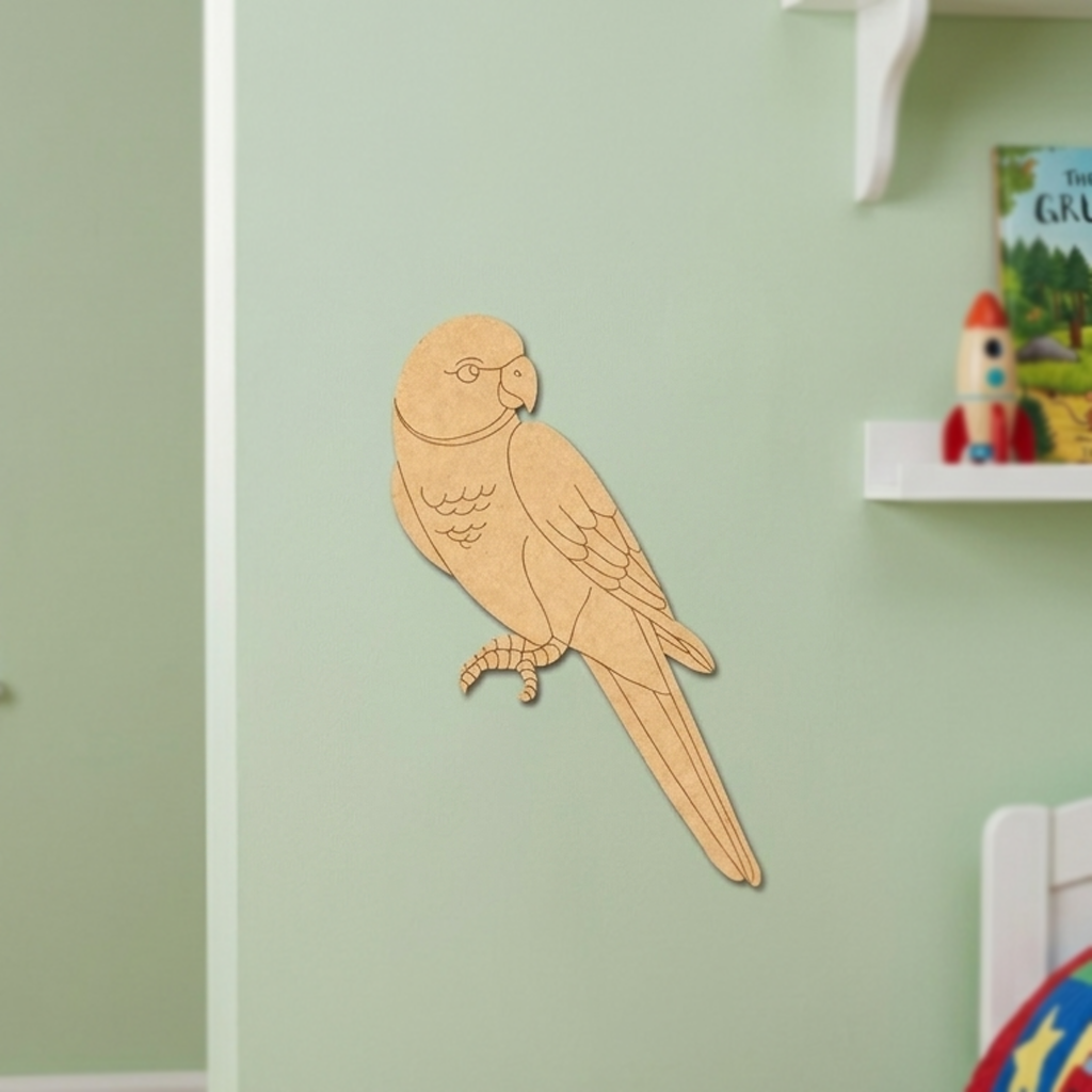 MDF DIY  parrot decoration on a light green wall with toys on a shelf in the background.