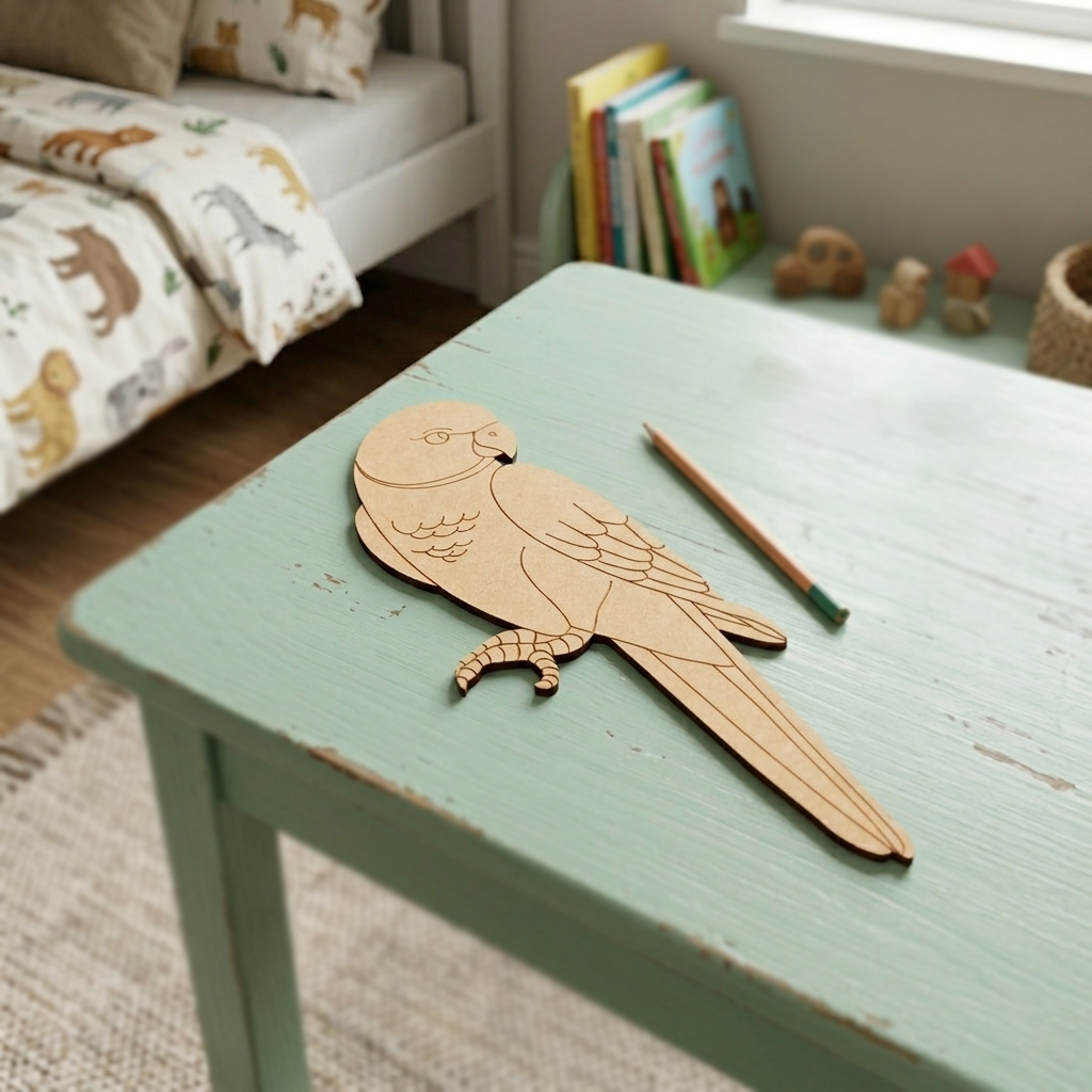 MDF DIY parrot cutout on a green table with books and toys in the background