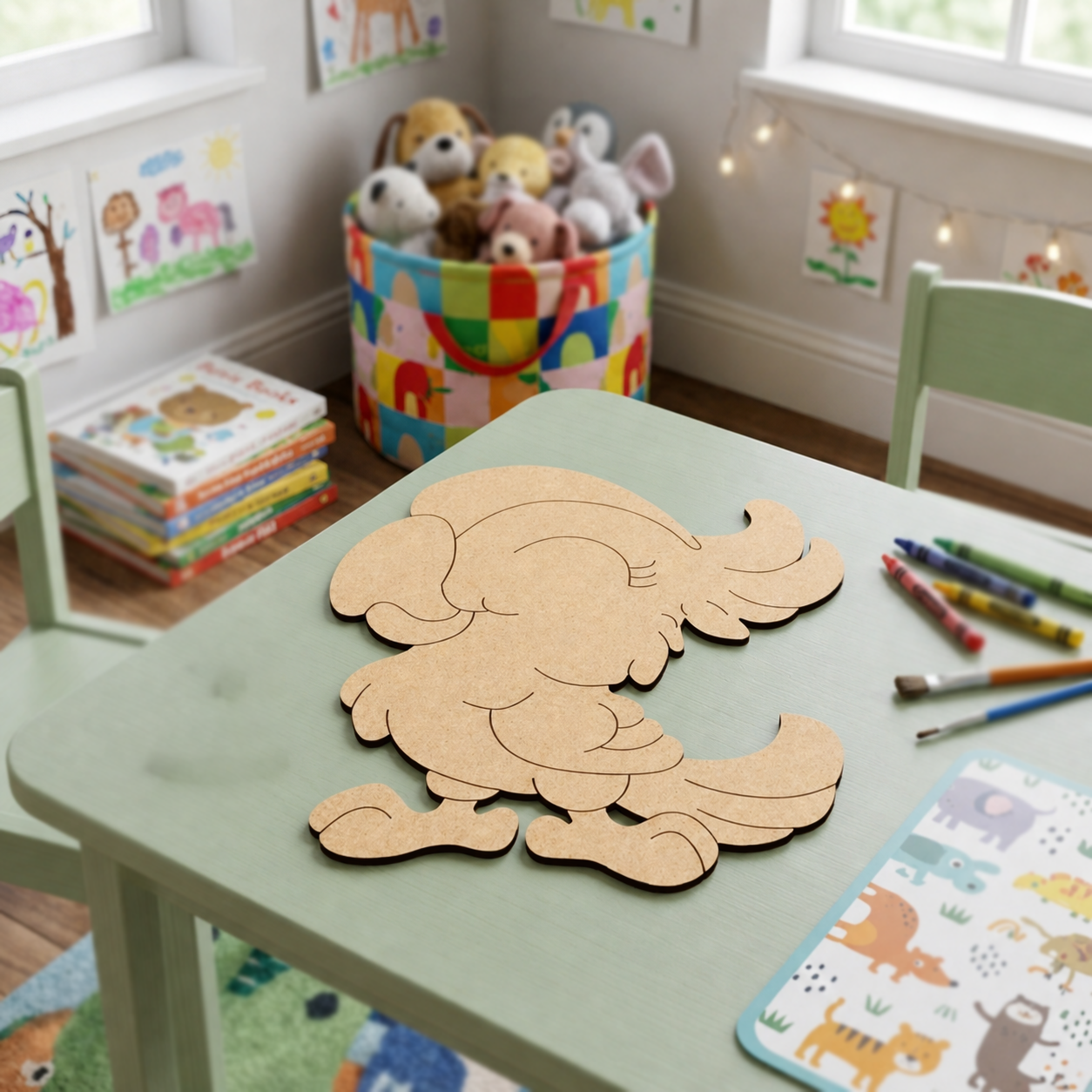 MDF DIY parrot cutout Children's playroom with a table, toys, and educational materials.