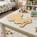 MDF DIY parrot cutout on a table in a child's room with toys and books around