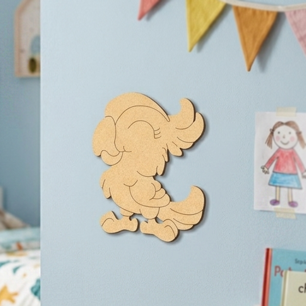 MDF DIY parrot cutout on a light blue wall with colorful pennants and children's drawings.