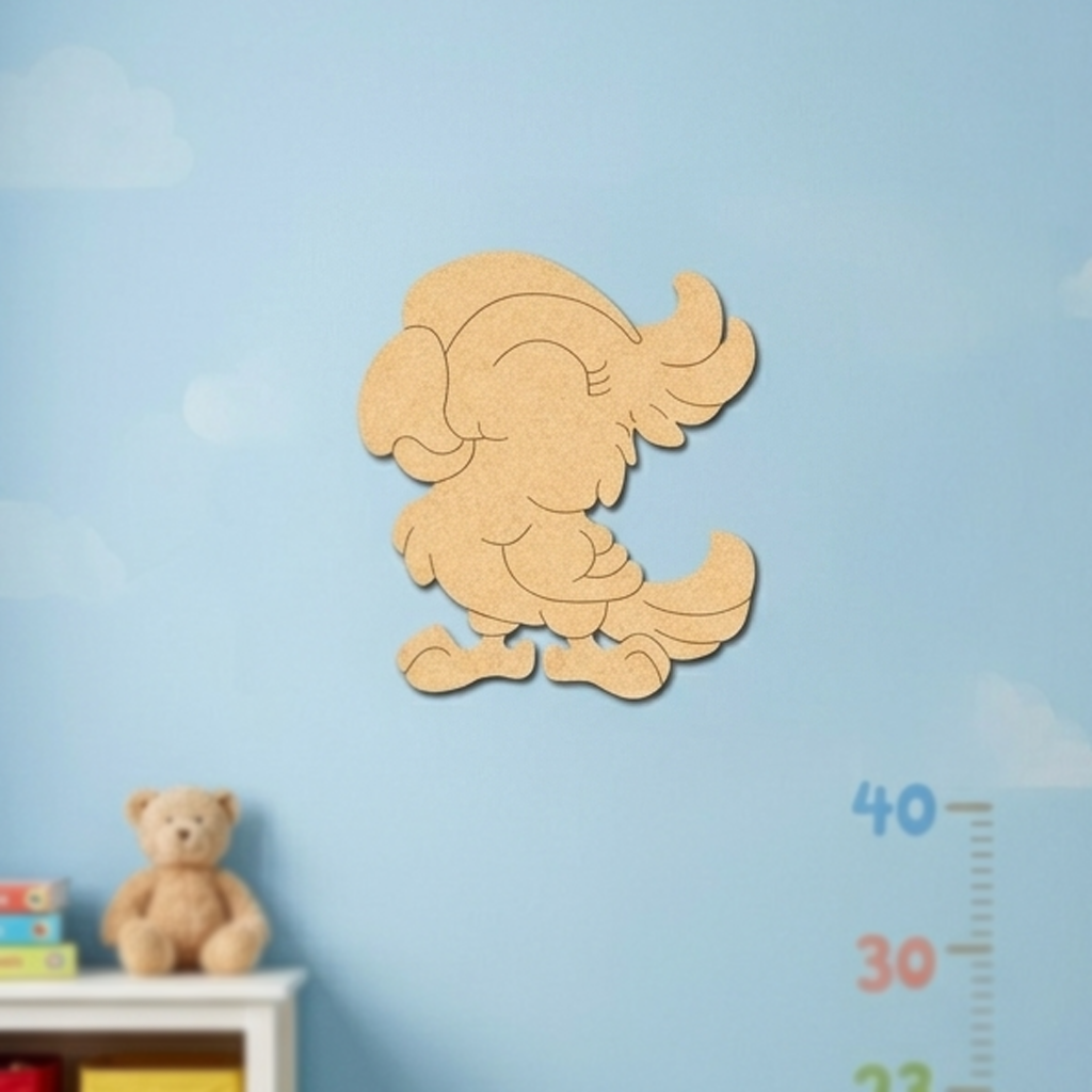 MDF DIY parrot cutout decoration on a blue wall with a teddy bear and books below.