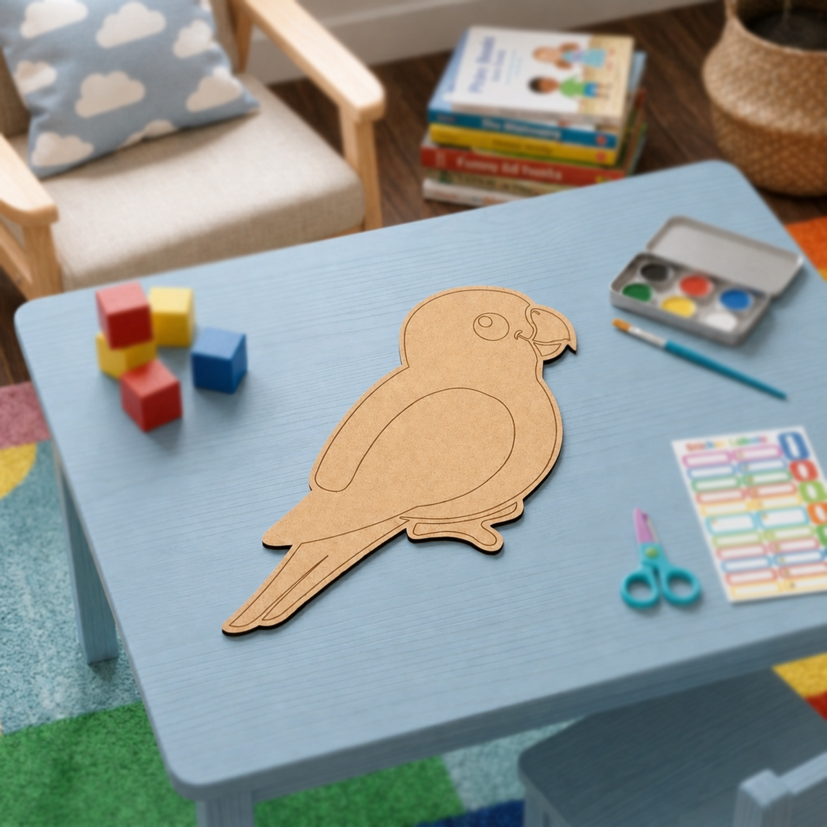 Children's play area with a MDF DIY parrot cutout on a blue table, surrounded by toys and art supplies.
