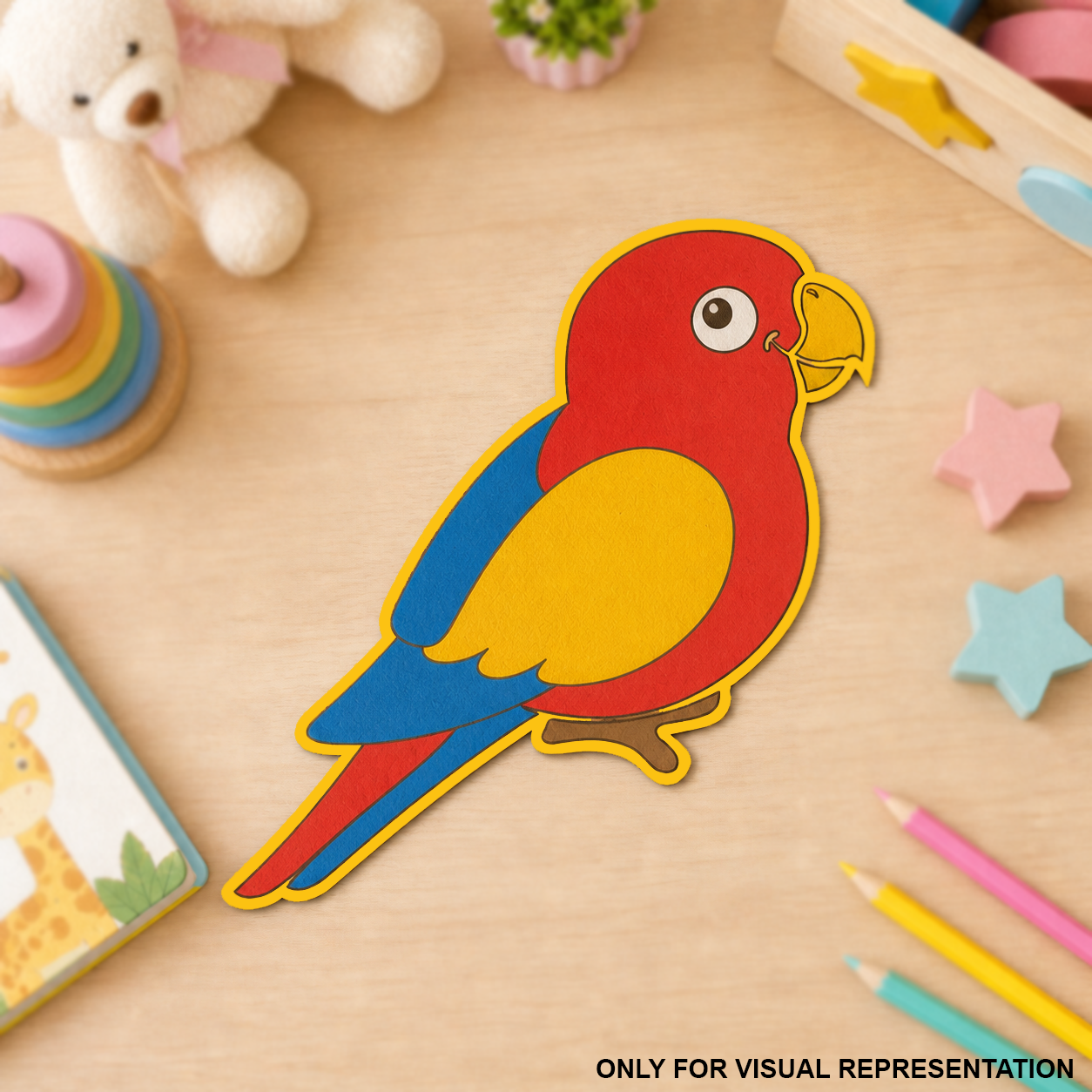 MDF DIY colorfull parrot cutout on a brown table.