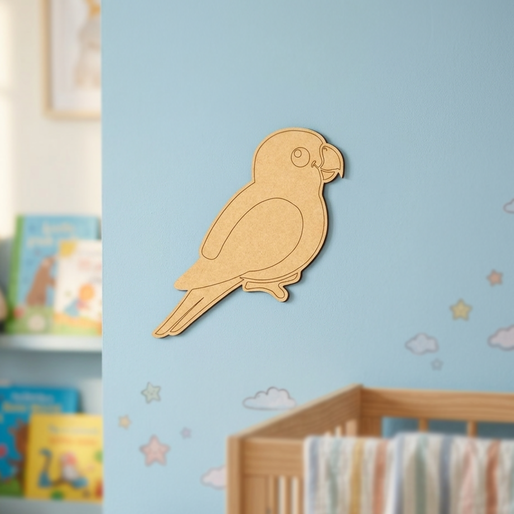 MDF DIY parrot cutout on a blue wall.