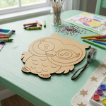 Unpainted owl MDF craft base on a kids' activity table with art supplies and coloring materials.