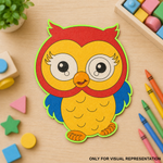 Colorful owl MDF craft base displayed on a wooden table with crayons and educational toys.