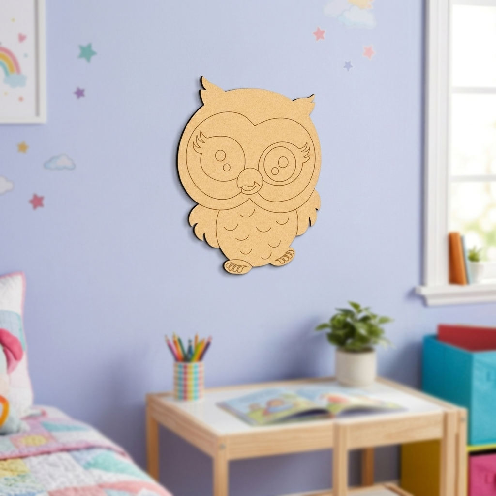 Unpainted owl MDF wall hanging displayed on a nursery wall above a children's bookshelf.