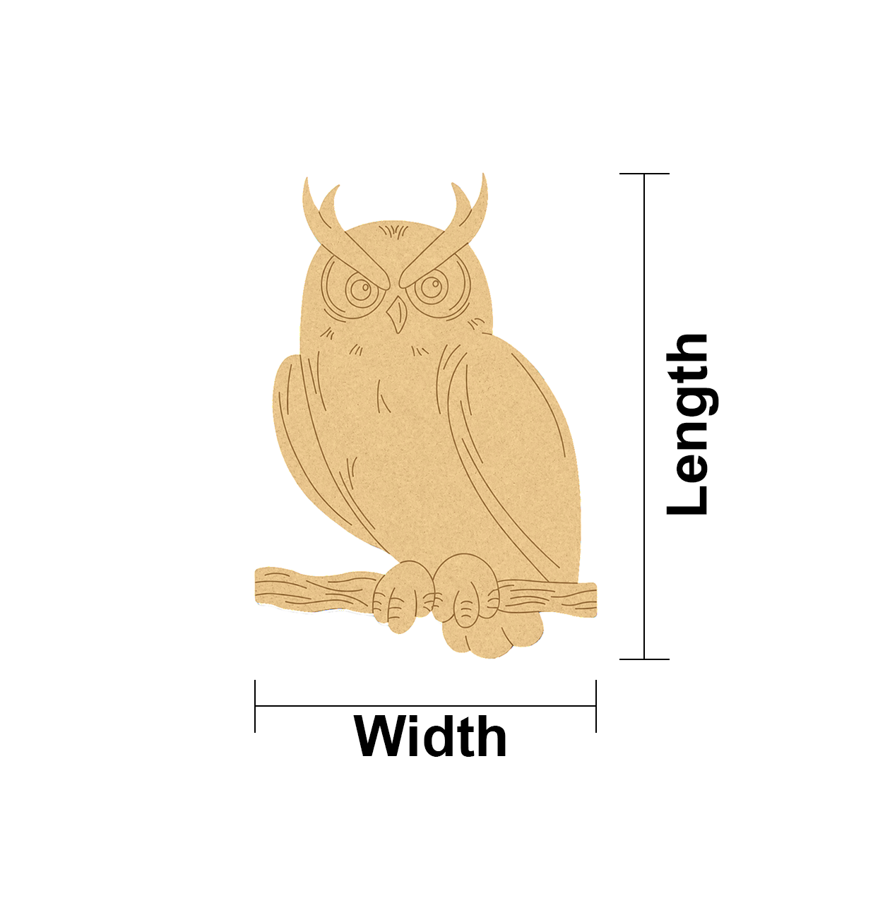MDF DIY angry owl cutout with length and width on white background.
