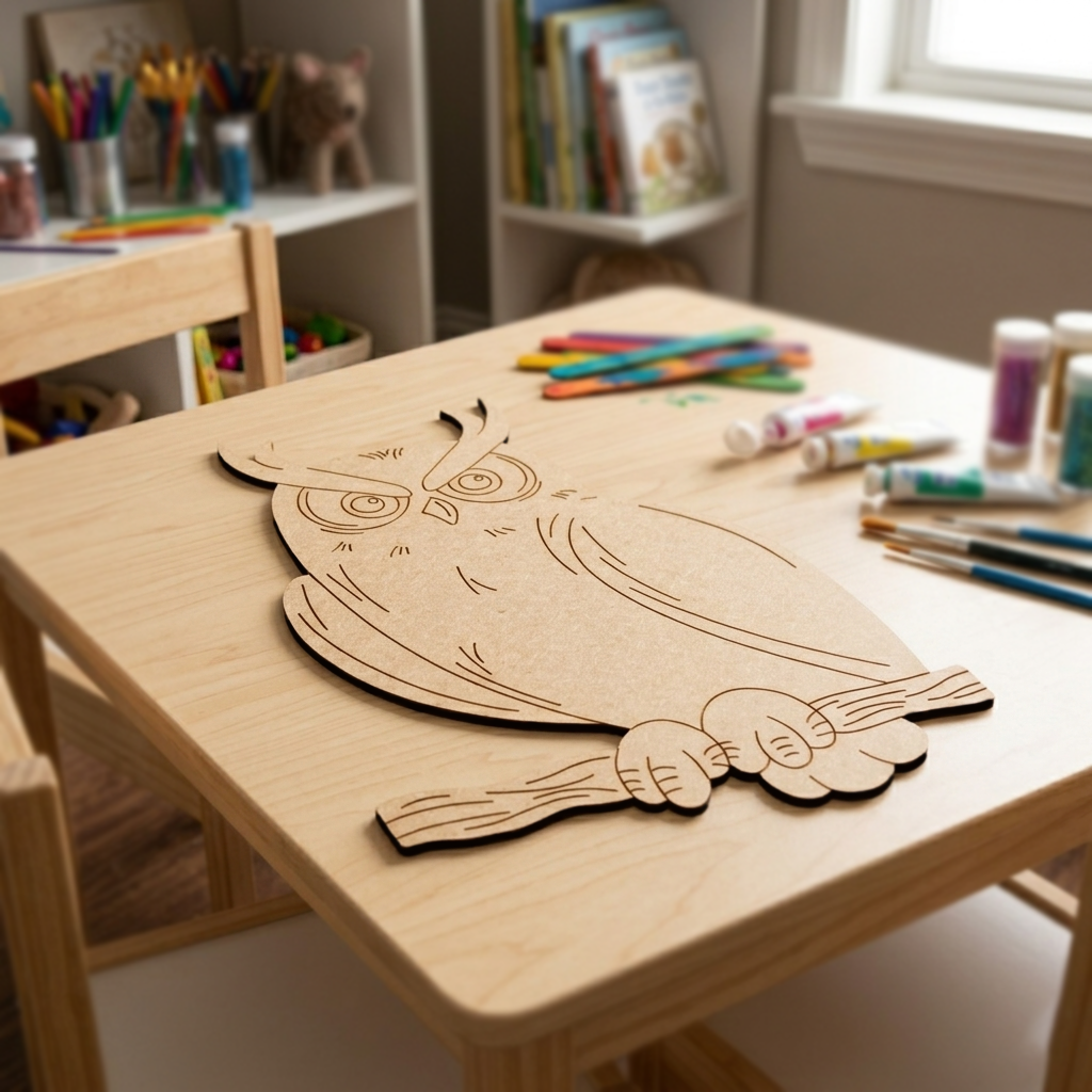 MDF DIY  owl cutout on a children's table with art supplies in a classroom setting