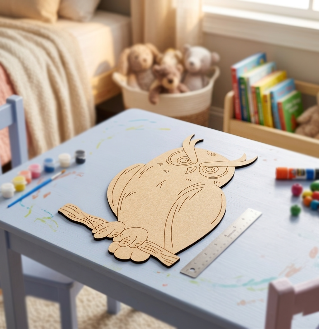 MDF DIY owl cutout on table.