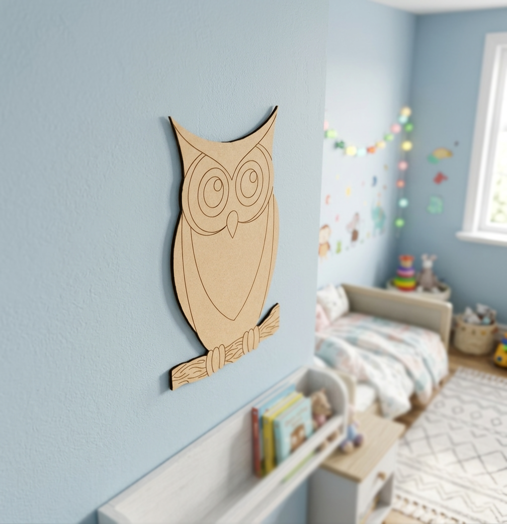 MDF DIY owl cutout hang on blue wall.