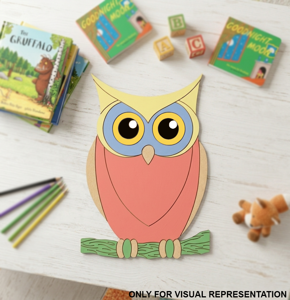 MDF DIY colorfull owl on wooden table.