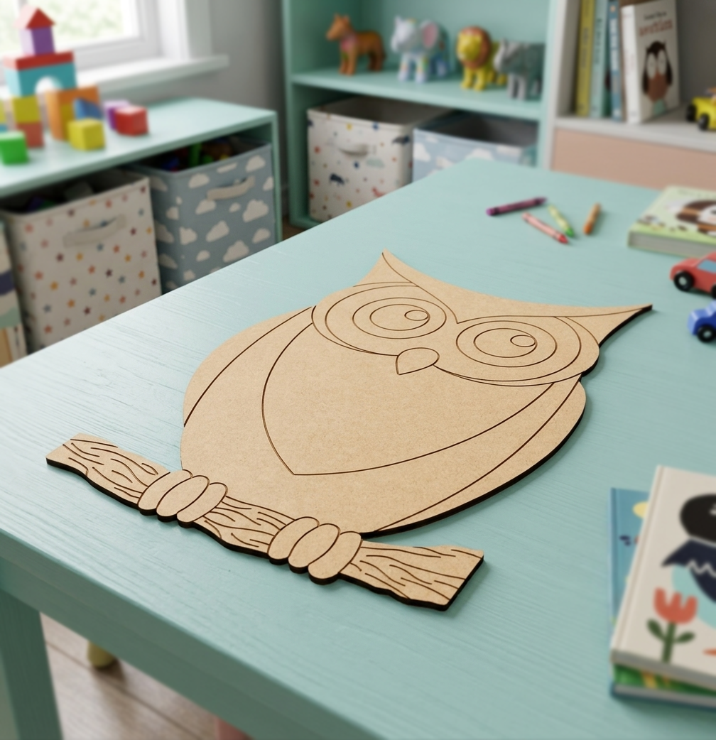 MDF DIY  owl cutout on wooden table.
