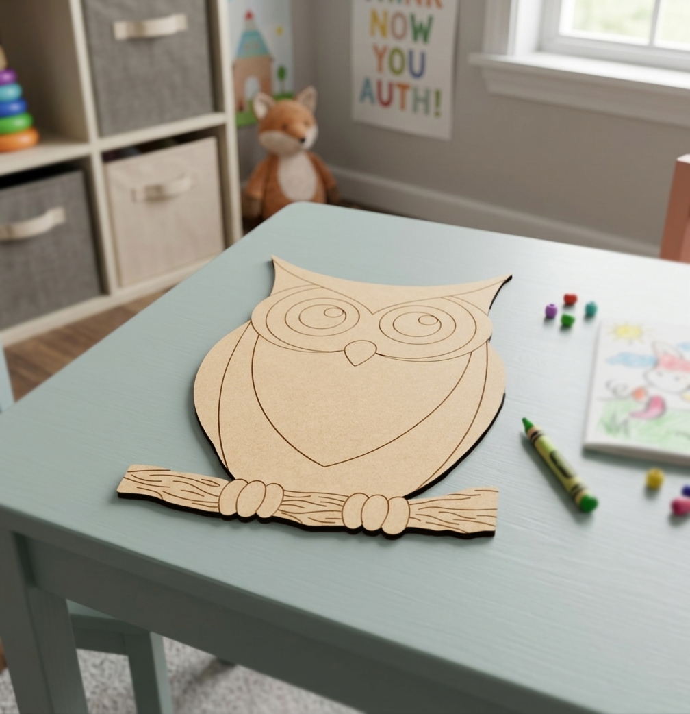 MDF DIY owl cutout on table.