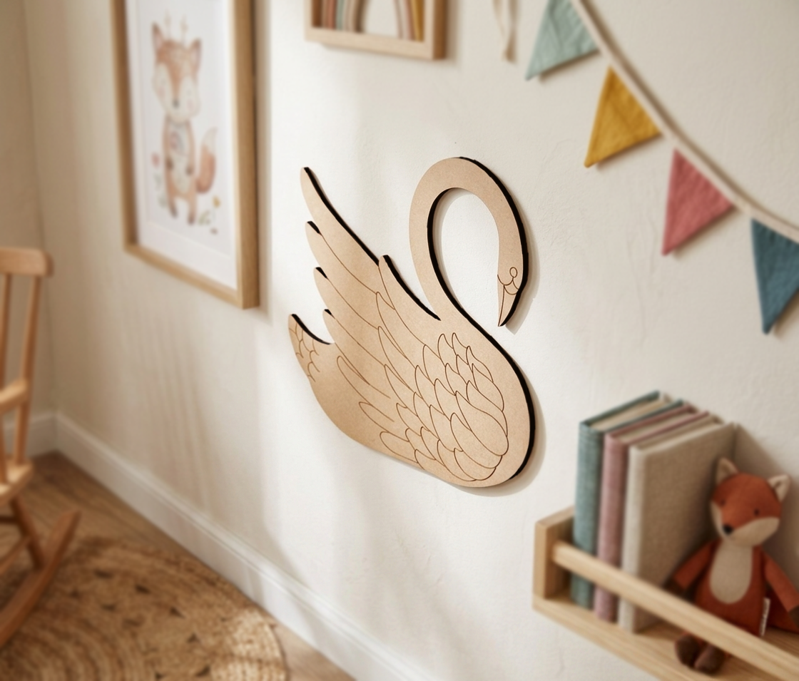 MDF DIY  swan wall decoration in a child's room with books and toys.