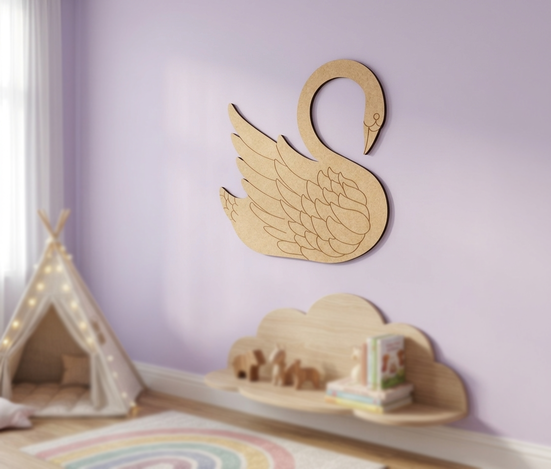 MDF DIY  swan cutout on purple wall.