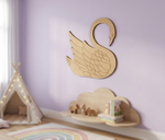 MDF DIY  swan cutout on purple wall.