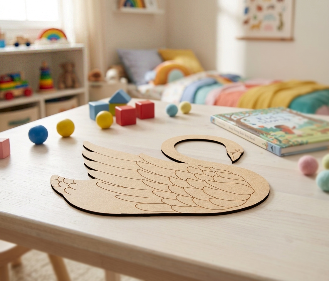 MDF DIY  swan cutout on a table.