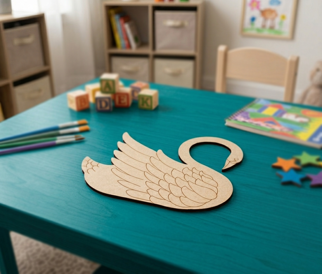 MDF DIY  swan craft on a teal table with educational materials in a classroom setting