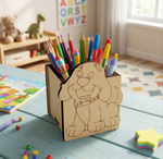 MDF DIY Pencil holder with dog design on a table with colorful pencils and books in a child's room.