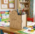 MDF DIY dog-shaped pencil holder on a child's desk with colorful stationery items.