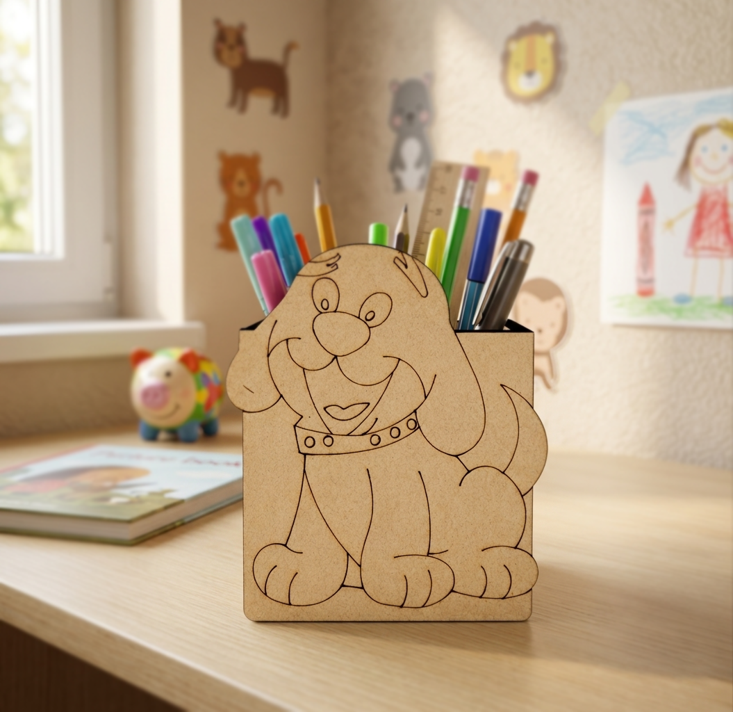MDF DIY dog-shaped pencil holder with colorful pens on a desk in a child's room.