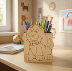 MDF DIY dog-shaped pencil holder with colorful pens on a desk in a child's room.