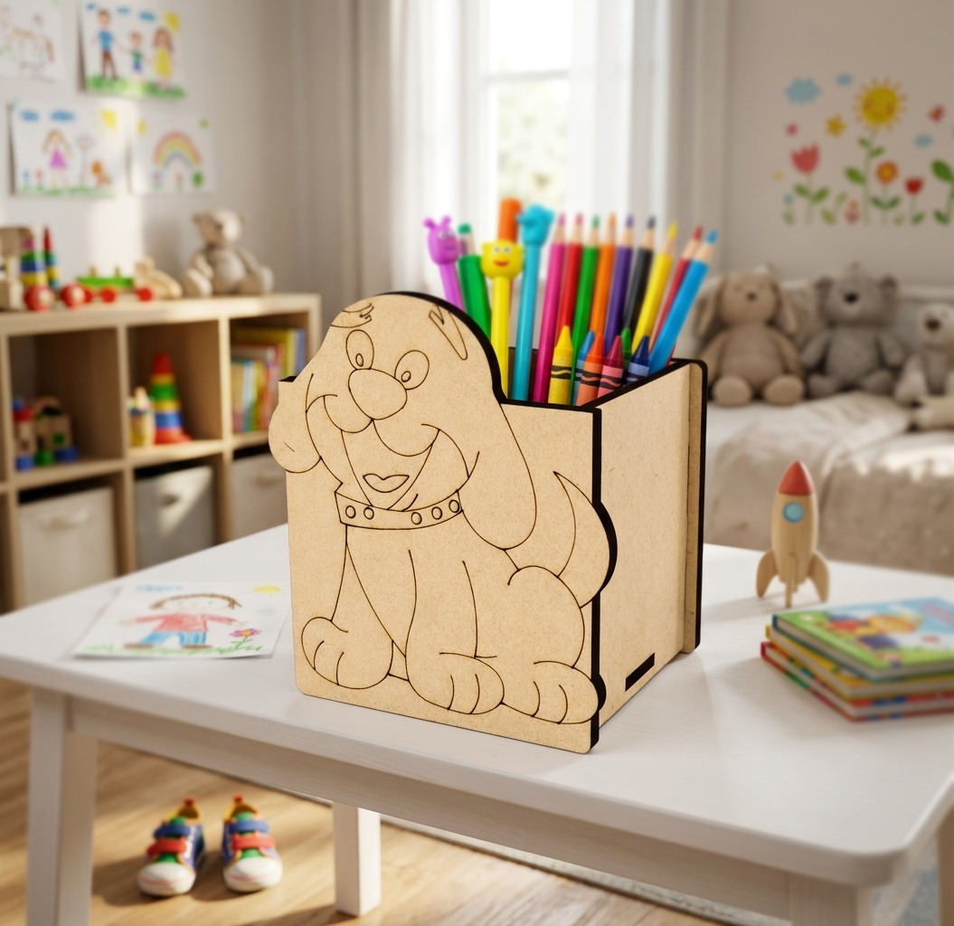 MDF DIY pencil holder shaped like a dog on a table in a child's room with colorful pencils and toys.