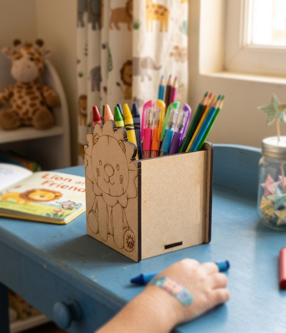 Children's desk with a MDF DIY  lion-shaped pencil holder containing crayons and markers, surrounded by toys and books.