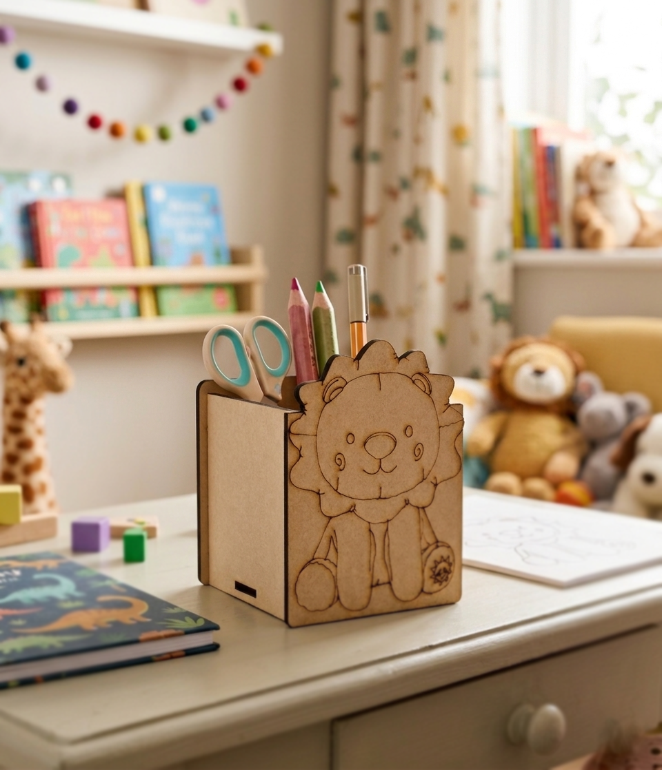 MDF DIY  lion pencil holder with stationery on a desk in a child's room